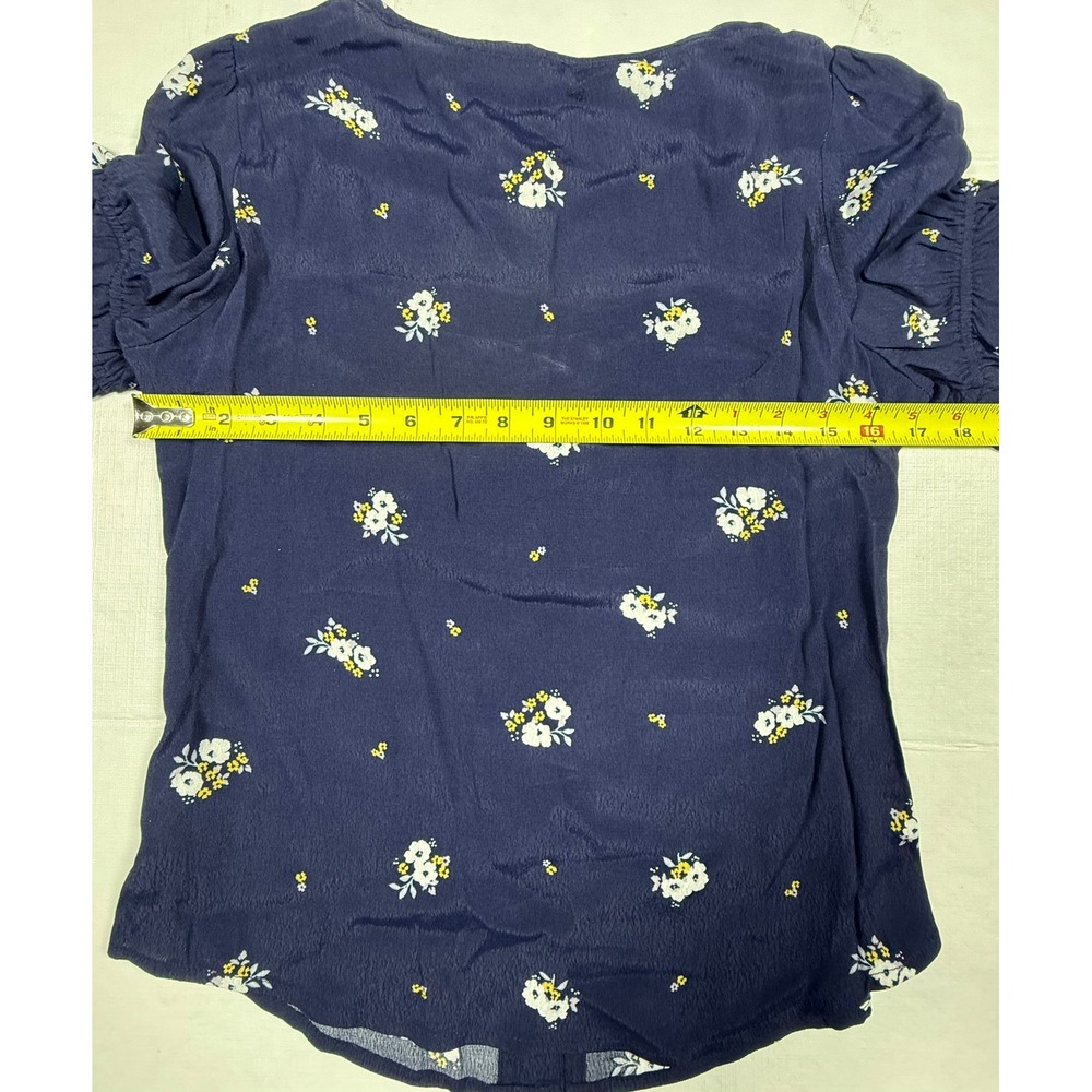 Elodie Navy Floral Print Square Neck Short Sleeve Button Front Top Womens Size S - Picture 8 of 9